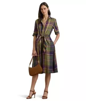 Платье Lauren Ralph Lauren Plaid Tie Front Linen Shirtdress, цвет Purple/Green Multi