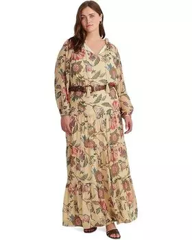 Платье LAUREN Ralph Lauren Plus-Size Floral Crinkle Georgette Tiered, кремовый