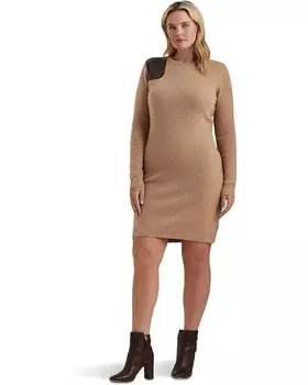 Платье LAUREN Ralph Lauren Plus Size Faux Leather Trim Wool Cashmere, кэмел