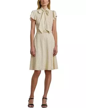 Платье Lauren Ralph Lauren Polka-Dot Belted Crepe Tie-Neck Dress, цвет Cream/Black