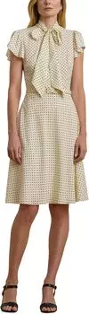Платье Lauren Ralph Lauren Polka-Dot Belted Crepe Tie-Neck Dress, цвет Cream/Black