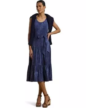 Платье Lauren Ralph Lauren Print Belted Slub Jersey Tiered Dress, синий мульти