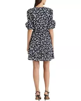 Платье LAUREN Ralph Lauren Print Front Tie Cotton Puff-Sleeve Dress, цвет Navy/Cream
