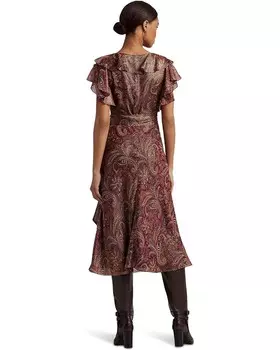 Платье LAUREN Ralph Lauren Print Ruffle-Trim Metallic Chiffon Dress, цвет Orange/Purple/Multi