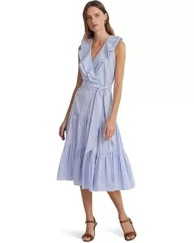 Платье Lauren Ralph Lauren Striped Cotton Broadcloth Surplice Dress, цвет Blue/White