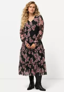 Платье летнее Midi Doppellagig Blumen V-Ausschnitt Langarm Ulla Popken, цвет schwarz