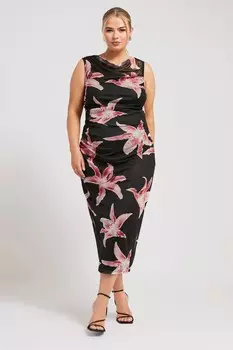 Платье London с цветочным принтом и разрезом по горловине Yours Curve, черный