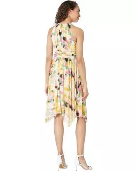 Платье London Times Watercolor Blocks Printed Mesh Ruched Waist Hanky Hem Dress, цвет Soft White/Rose