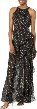 Платье Long Halter Chiffon Clip Dot Betsy & Adam, цвет Black/Gold
