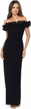 Платье Long Off-the-Shoulder Crepe 3-D Embroidered Ruffle XSCAPE, черный