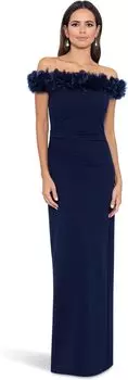 Платье Long Scuba Crepe Off-the-Shoulder Flower Appliques XSCAPE, темно-синий