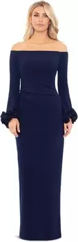 Платье Long Scuba Crepe Off-the-Shoulder Ruffle Cuff XSCAPE, темно-синий