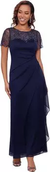 Платье Long Sheer Matte Jersey Side Ruched Bead Flutter Sleeve XSCAPE, темно-синий