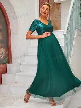 Платье лоскутное Joyfunear с короткими рукавами и v-образным вырезом, темно-зеленый