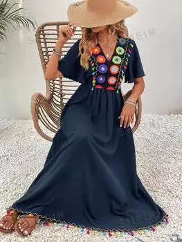 Платье лоскутное Shein Vcay с короткими рукавами и оборками, темно-синий