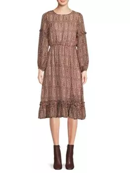 Платье Love Ady расклешенное с пышными рукавами и принтом, коричневый