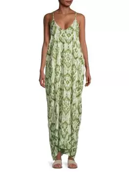 Платье Lovestitch макси с принтом икат, бежевый/зеленый