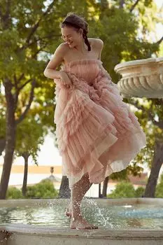 Платье Mac Duggal Многоуровневое тюлевое А-силуэта без бретелек с высоким и низким вырезом, розовый