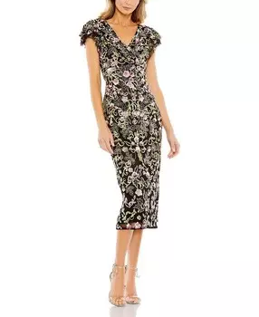 Платье Mac Duggal с цветочным декором и короткими рукавами, черный