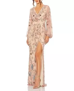 Платье Mac Duggal с цветочным принтом и бисером, коричневый