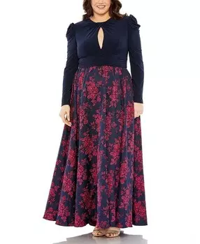 Платье Mac Duggal с длинным рукавом и замочной скважиной с узлом на шее, парчовое платье с цветочным принтом и низом, платье больших размеров, синий