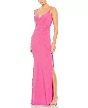 Платье Mac Duggal с V-образным вырезом, украшенное стразами, розовый