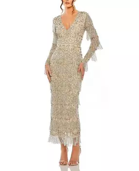 Платье Mac Duggal с V-образным вырезом и бахромой из бисера, коричневый/бежевый