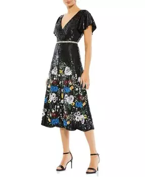 Платье Mac Duggal с V-образным вырезом и развевающимися рукавами, черный