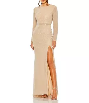 Платье Mac Duggal с вырезом «лодочка» и поясом, длинными рукавами и боковым разрезом, бежевый