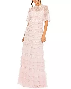 Платье Mac Duggal с высоким воротом и оборками, многоуровневое, с цветочным принтом, розовый