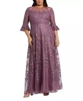 Платье Mac Duggal с высоким воротом, рукавами-крылышками и вышивкой А-силуэта, фиолетовый