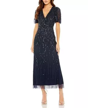 Платье Mac Duggal с запахом и рукавами-бабочками из бисера, синий