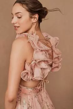 Платье Mac Duggal Шифоновое трапециевидного силуэта с кружевом на спине и рюшами Indy, розовое комбо