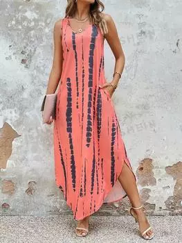 Платье-майка Shein Lune со скрытыми карманами и разрезом по краю, оранжевый