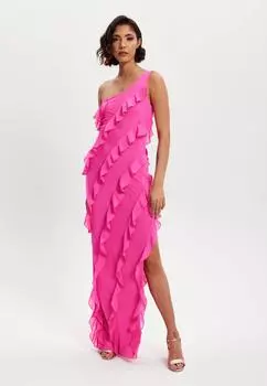 ПЛАТЬЕ МАКСИ на одно плечо с диагональными рюшами (Розовое) Liquorish, розовый