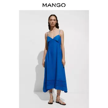 Платье Mango из смешанного хлопка и льна с вышивкой, синий