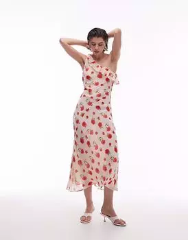 Платье Mango на одно плечо с цветочным узором в нежно-розовом цвете