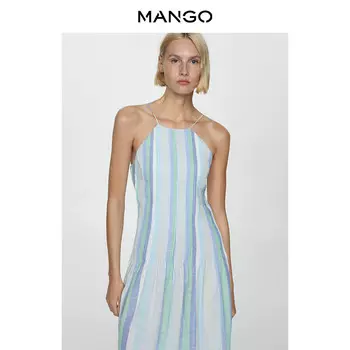 Платье Mango в полоску с принтом, синий