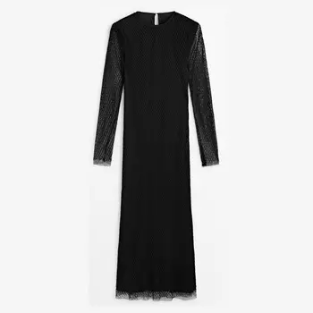Платье Massimo Dutti Beaded Mesh Long Sleeve, черный