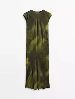 Платье Massimo Dutti Flowing Blend Print Midi, зеленый