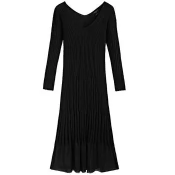 Платье Massimo Dutti Long Black Ribbed V-neck, черный