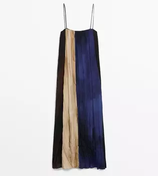 Платье Massimo Dutti Long Printed With Pleated Detail, бежевый/синий