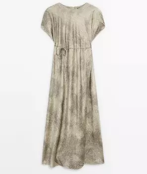 Платье Massimo Dutti Short Sleeve Printed With Tie Detail, серый