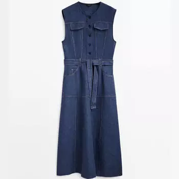Платье Massimo Dutti Sleeveless Linen With Topstitching, темно-синий