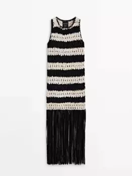 Платье Massimo Dutti Striped Braided Knit With Fringing - Studio, черный/белый