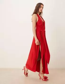Платье макси Abercrombie & Fitch с воротником-халтер и завышенной завязкой спереди из джерси красного цвета