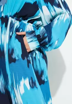 Платье макси ABSTRACT PRINT LONG SLEEVE DRAWSTRING WAIST Ulla Popken, синий