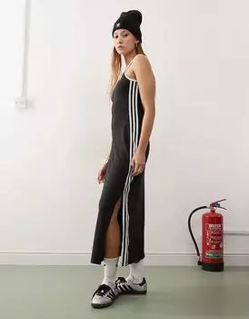 Платье-макси Adicolor с тремя полосками черного цвета adidas Originals