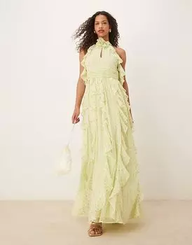 Платье макси Anaya с открытыми плечами и водопадными оборками в весенне-зеленом цвете