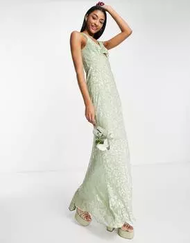 Платье макси ASOS DESIGN Bridesmaid с перекрученным передом и цветочной отделкой деворе
